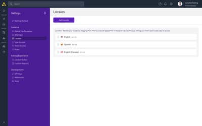 The Locales settings page with several locales configured
