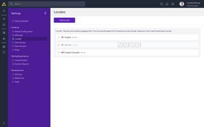 Hovering a locale reveals the edit, move up, move down, and disable controls