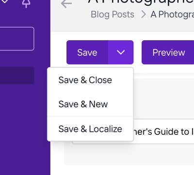 The Save dropdown, with Save & Localize alongside Save & Close and Save & New