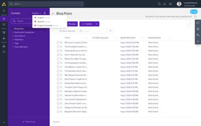 The locale switcher dropdown in the Content section