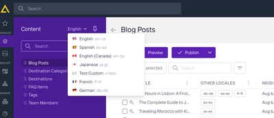 The locale switcher, showing locales in the order set under Settings > Locales