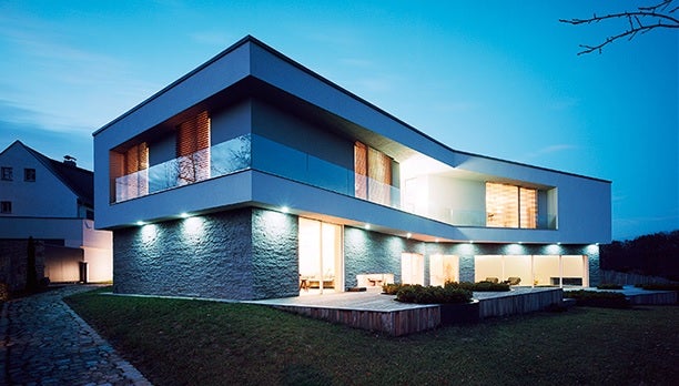modern home at dusk