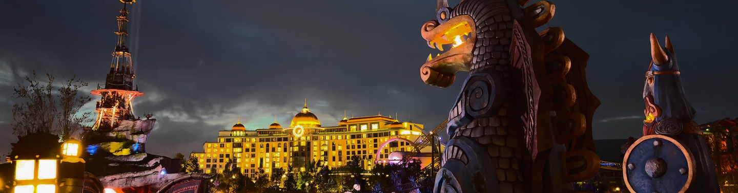 Wide angle view of a castle at night 