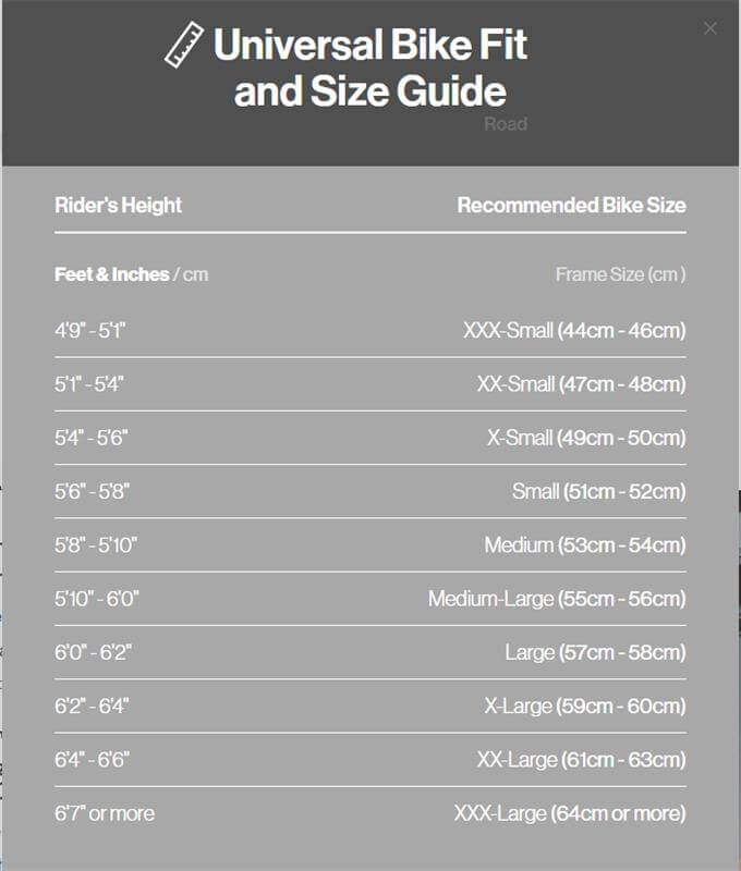 Universal Bike fit and size guide for road bike