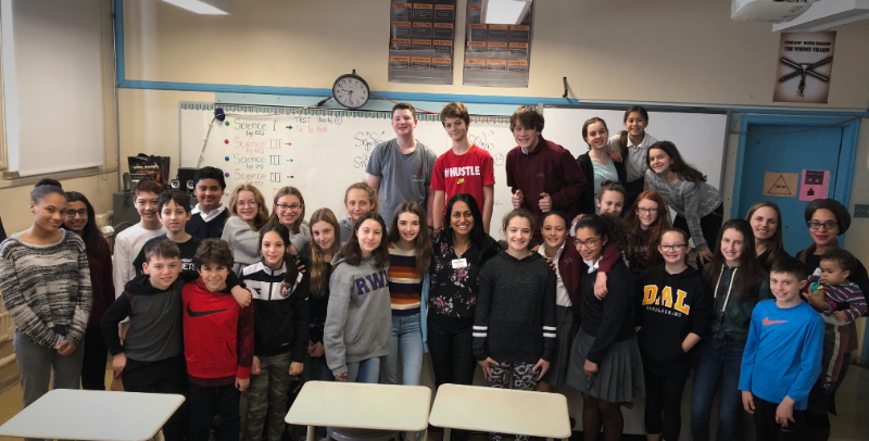 Dr. Preetha Krishnamoorthy meets with students and teacher Andrea Dillon.