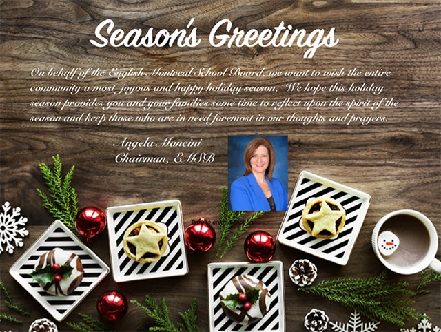 season's greetings card, little cakes and coffee with decorations