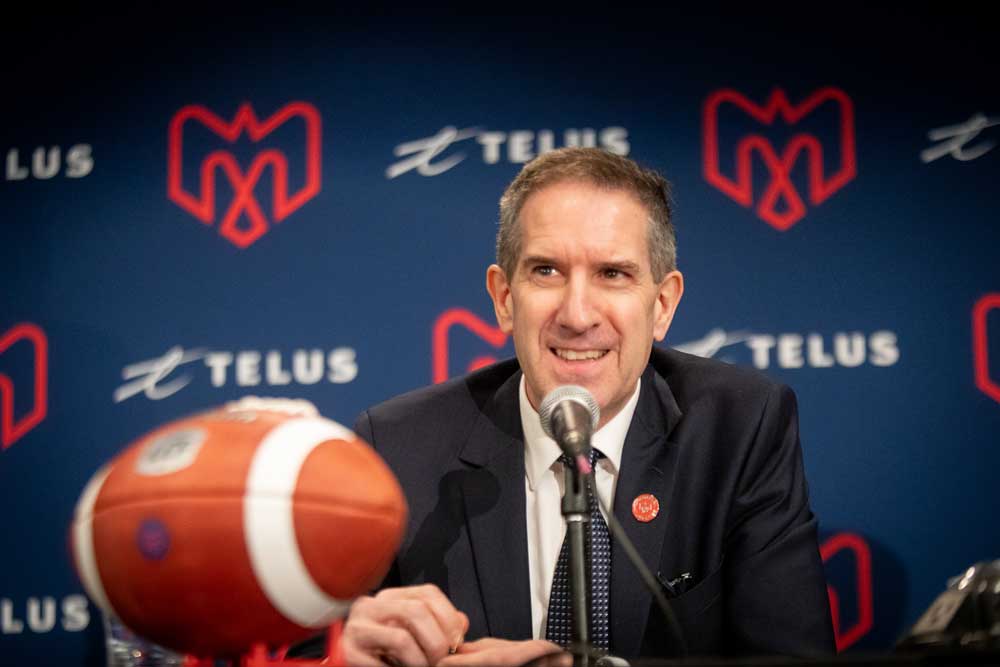 Mario Cecchini speaking to fans at a press conference on August 27. Photo: Alouettes de Montréal – Dominick Gravel