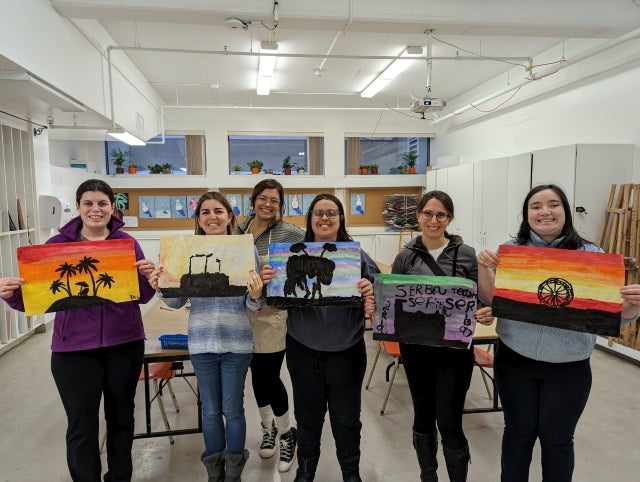 The smiles say it all at a winter session of a specially designed art class for neurodiverse adults given every Sunday at the Dollard Centre for the Arts. Photo courtesy of Dollard Centre for the Arts