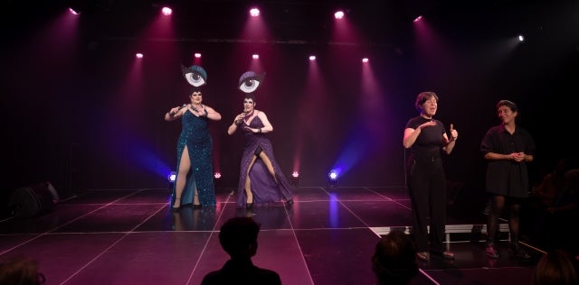 Selma, left, and Uma Gahd hosting Cabaret Dragcessible, with Brooke Nancekivell, American Sign Language interpreter, and Catherine Langevin-Pépin, Langue des signes québécoise interpreter at the MAI on October 17. Photo: David Wong