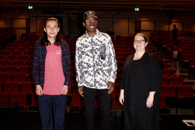 Luka Cruz-Guerrero, Nassourou Ismaël Boulama and Marie-Claude Leblanc after a screening of L’Énergie positive des dieux at Théâtre Outremont on October 20.