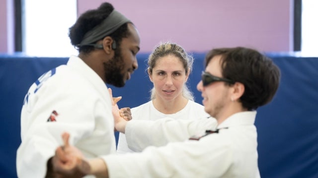 Judo Paralympian Priscilla Gagné leads a self-defense workshop for Noah Silletta, right, and other individuals who are blind and partially sighted in fall 2023. Photo courtesy of Radio-Canada