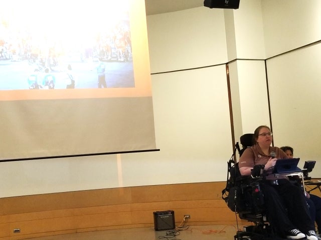 Alison Levine speaking at the Branches of Belonging event at Congregation Dorshei Emet on April 3. Photo: Randy Pinsky