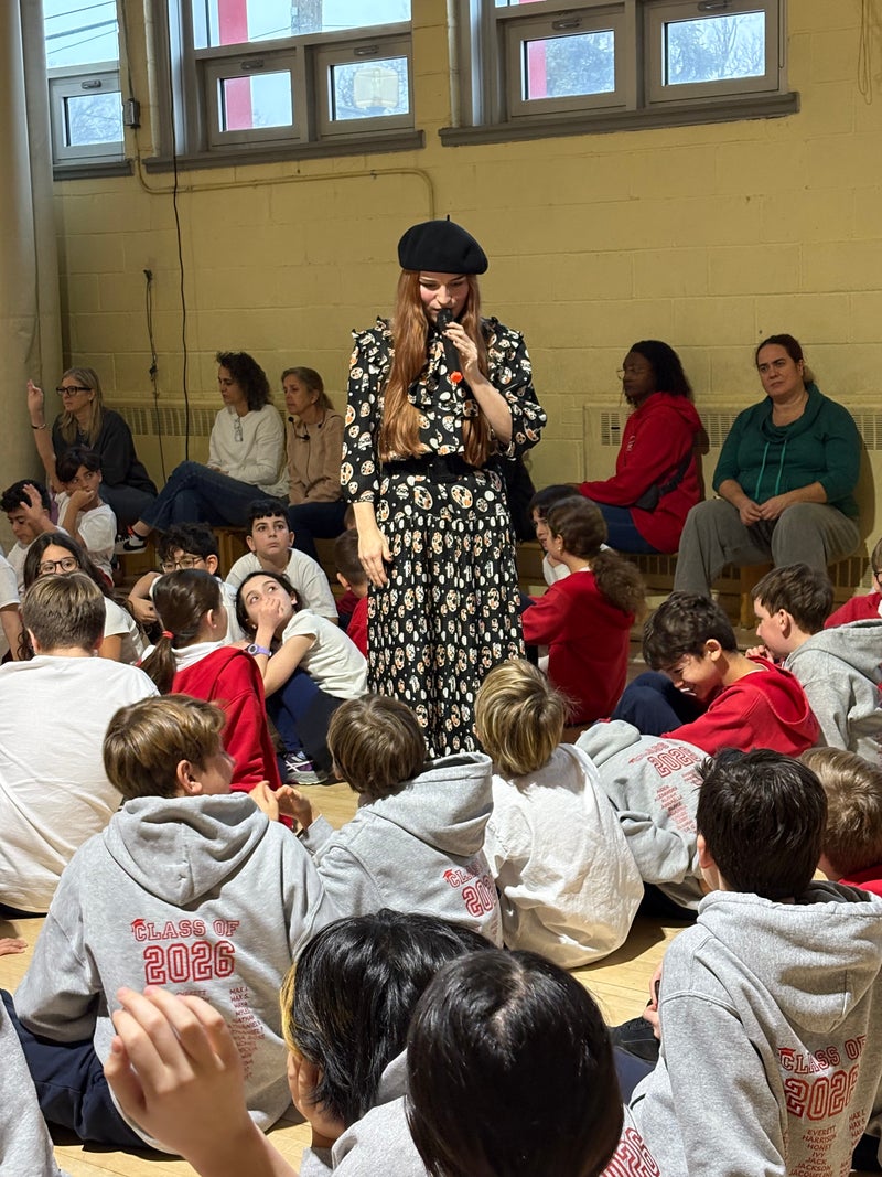 Samara with students at Merton Elementary School