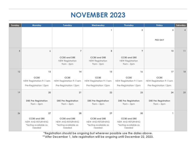 November 2023 Registration Calendar