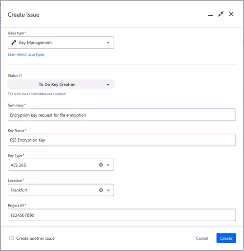  sample jira create issue form for key management configuration