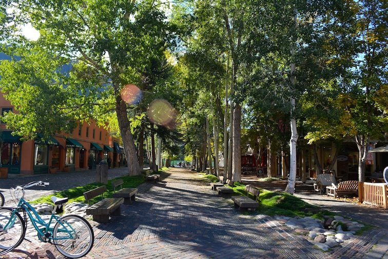 aspen sidewalk with trees and bike