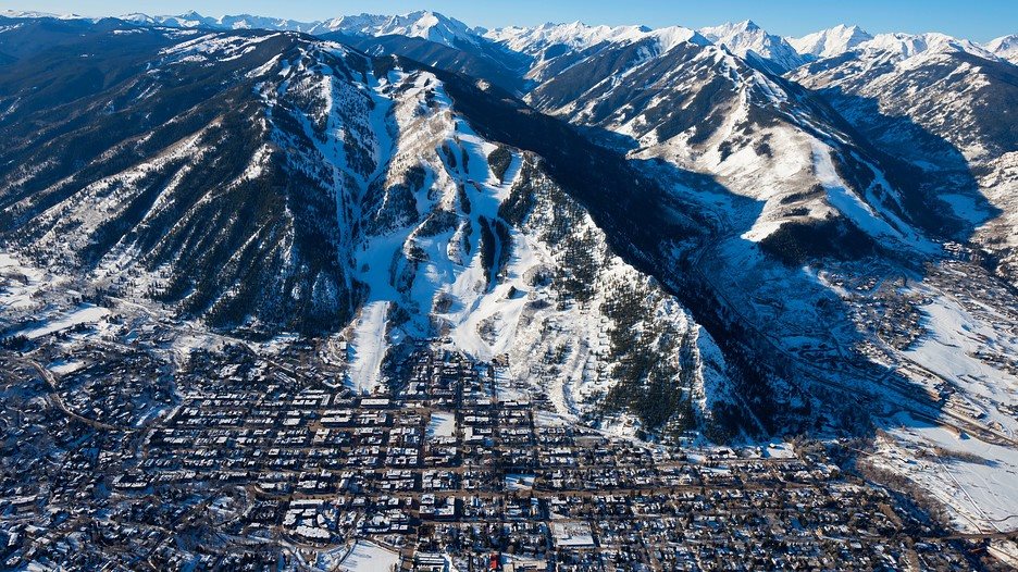 drone image of aspen snowmass mountain