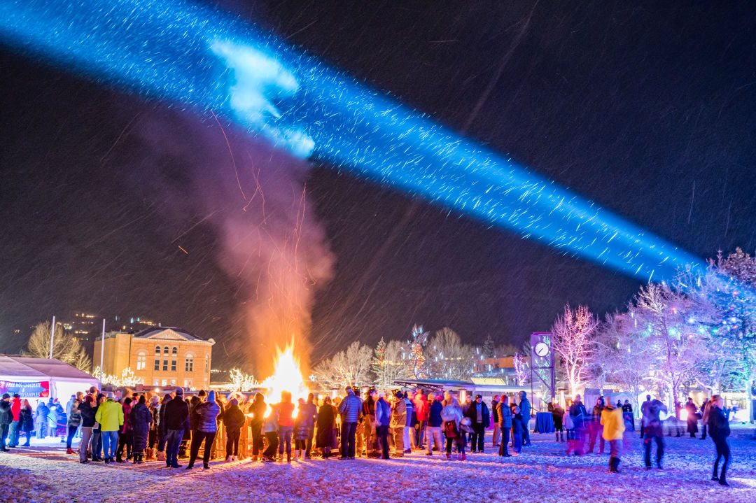 beam of blue light in winter 