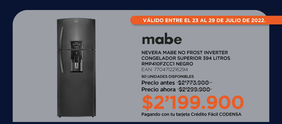 Nevera MABE No Frost Inverter Congelador Superior 394 Litros RMP410FZCC1 Negro