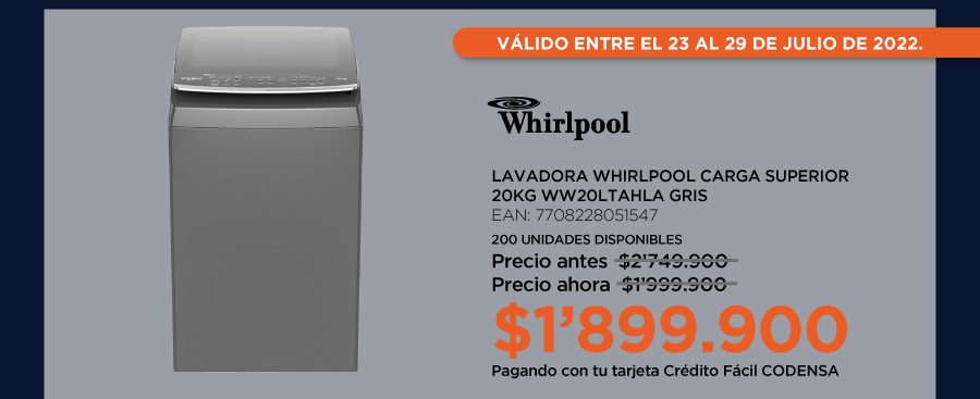 Lavadora Whirlpool Carga Superior 20KG WW20LTAHLA Gris