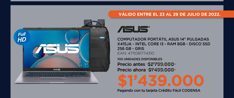 Computador Portátil Asus 14 Pulgadas X415JA - Intel Core i3 - RAM 8GB - Disco SSD 256 GB - Gris