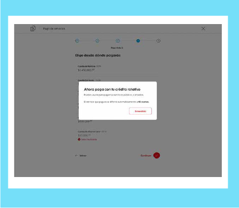 7. Aparecerá un anuncio respecto a pagar con tu crédito rotativo servicios públicos y privados.