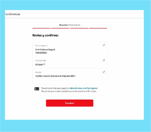 9. Revisa que el servicio a pagar y su valor correspondan ¡Y listo, “Transferir”!