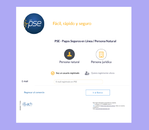 7. Ingresa como persona natural y digita tu mail. De no estar registrado en la plataforma PSE, toma la opción “quiero registrarme ahora”.