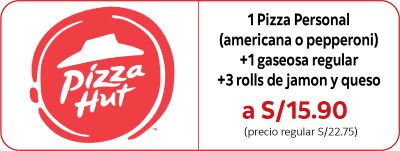 Pizza Hut 1 pizza personal (americana o peperoni) +1 gaseosa regular +3 rolls de jamon y queso a S/15.90