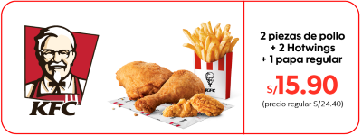 KFC 2 piezas de pollo +2 hotwings +1 papa regular a S/15.90