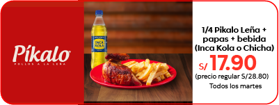 card píkalo, 1/4 de pollo píkalo leña + papas + bebida