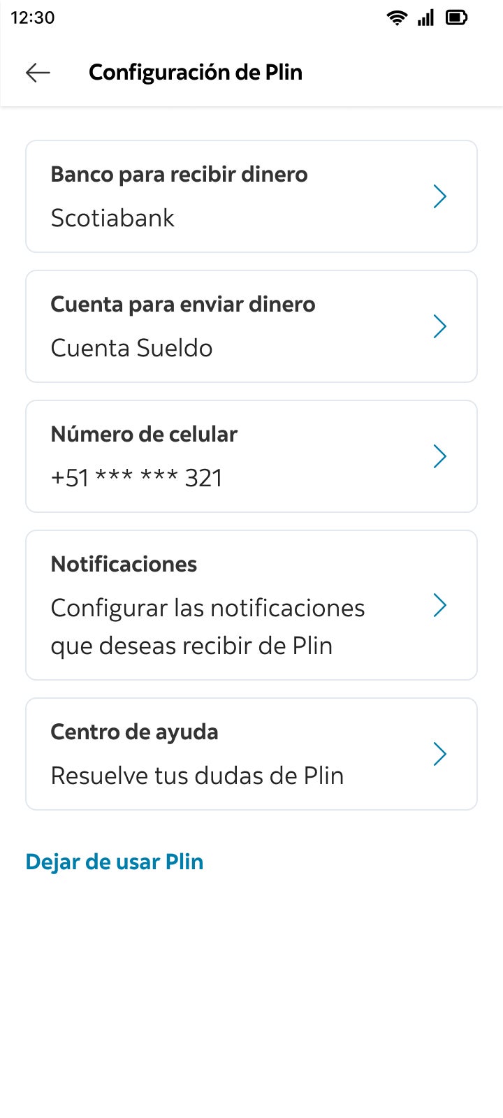 Paso 3: pantalla de la app Scotiabank con la opci&oacute;n Banco para recibir dinero
