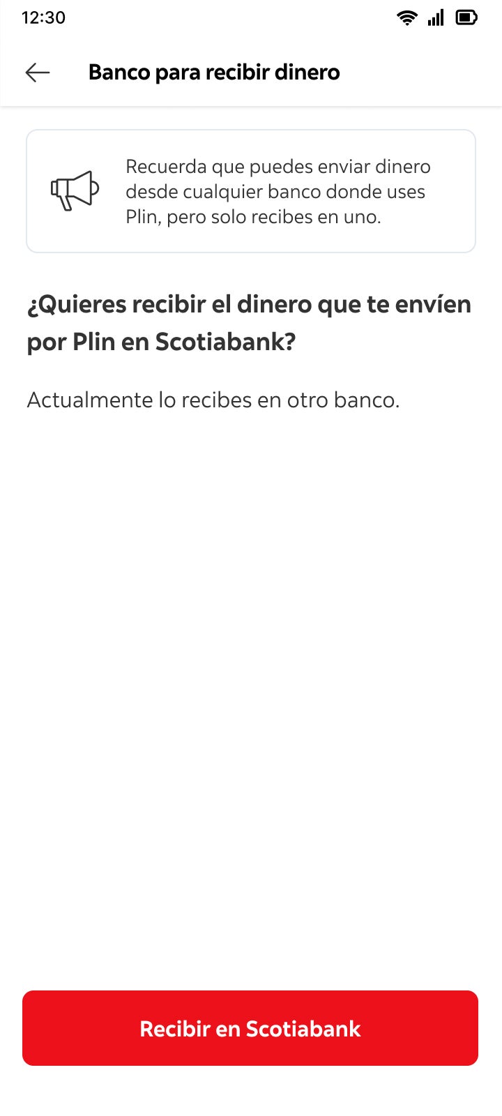 Paso 4: pantalla de la app Scotiabank con la opci&oacute;n Recibir en Scotiabank