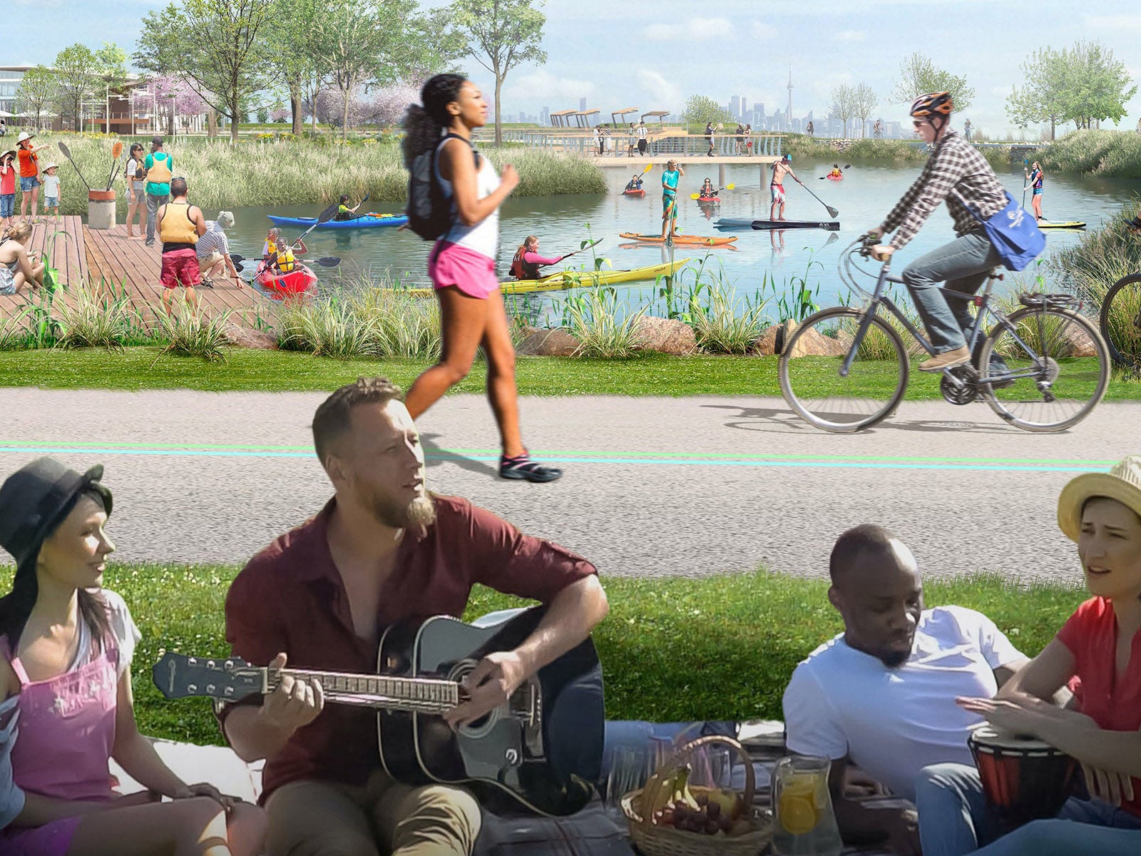 rendering of park with locals