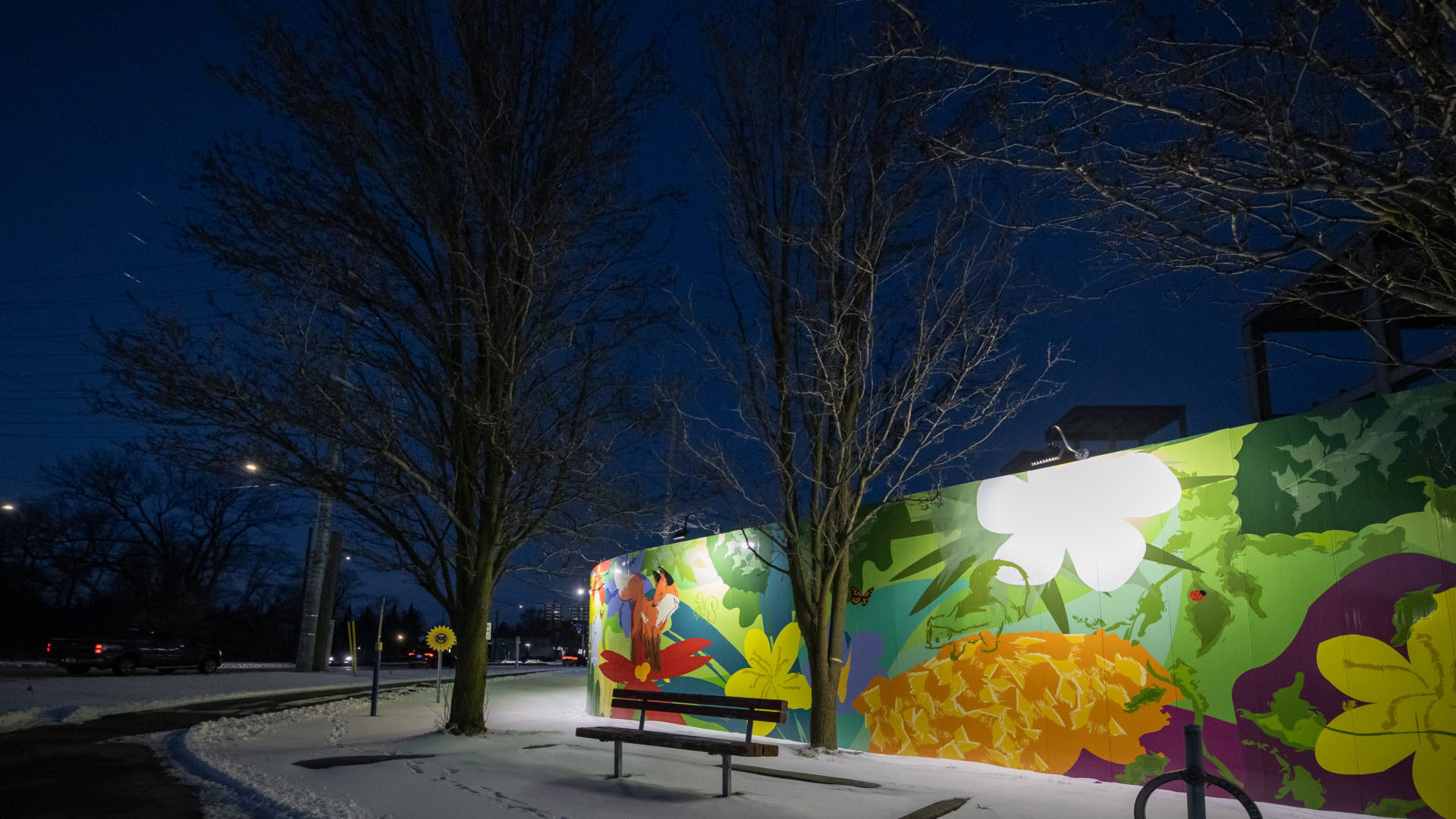 artist hoarding at lakeview village winter