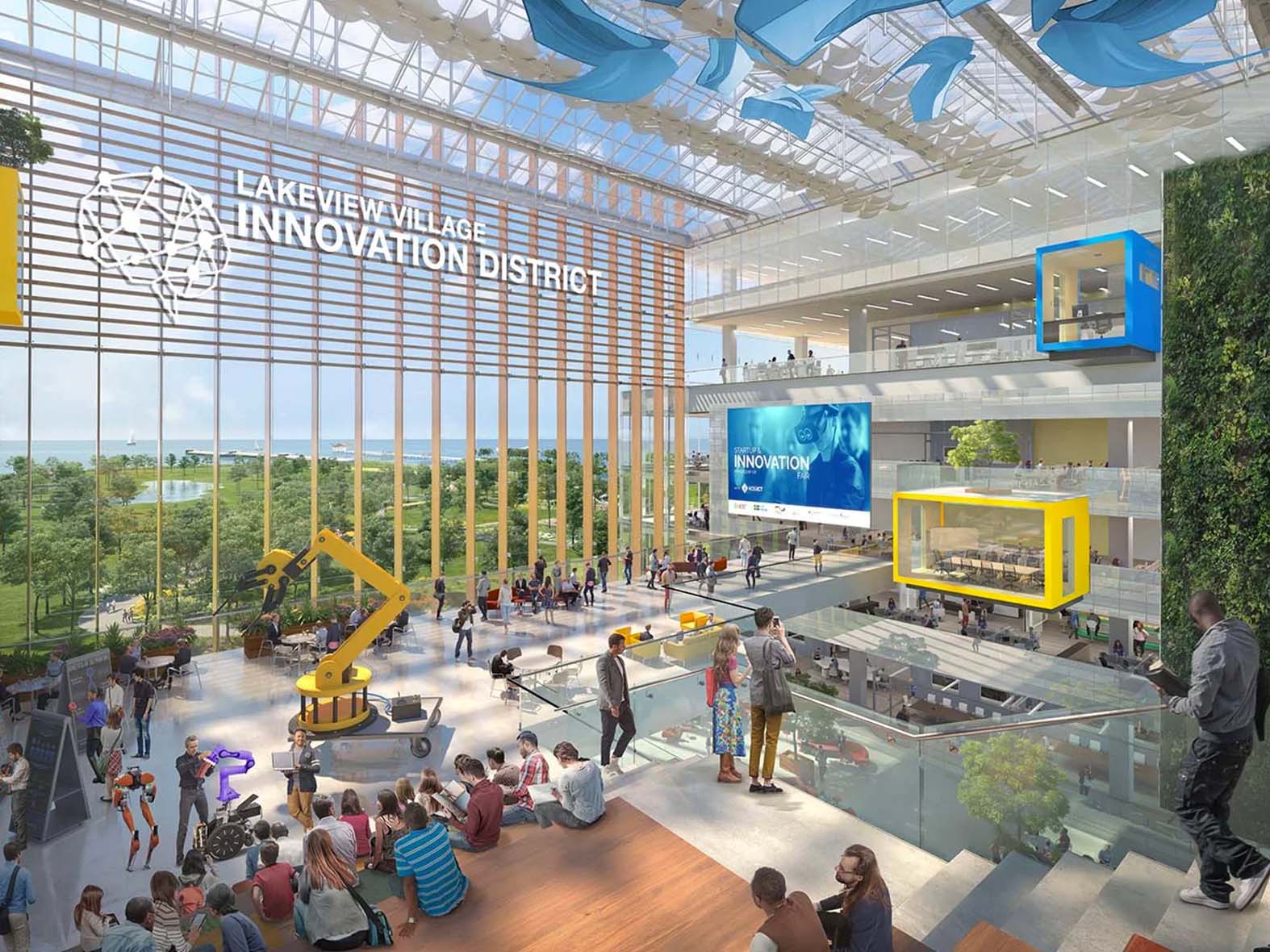 a rendering of the innovation district interior at lakeview village