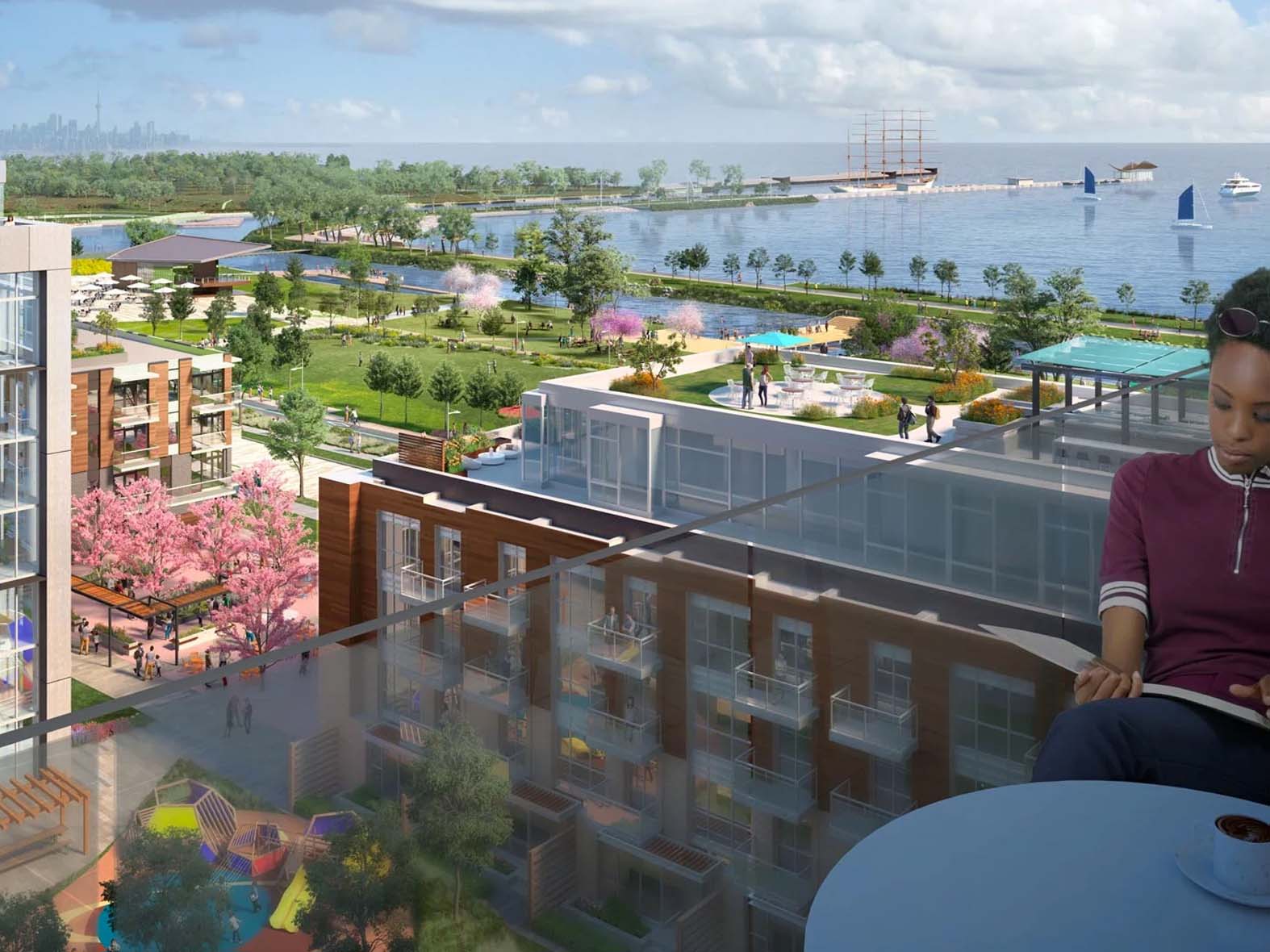 a rendering of the waterfront at lakeview village
