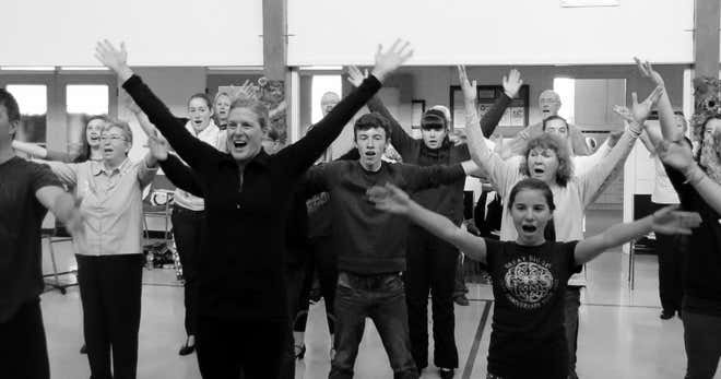 Angela rehearses a dance number with the cast of Chitty Chitty Bang Bang