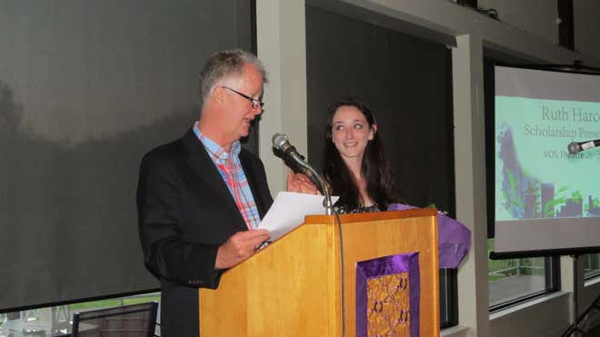Leigh Facey-Crowther presents the 2015 Ruth Harcort Scholarship to Michelle Clark